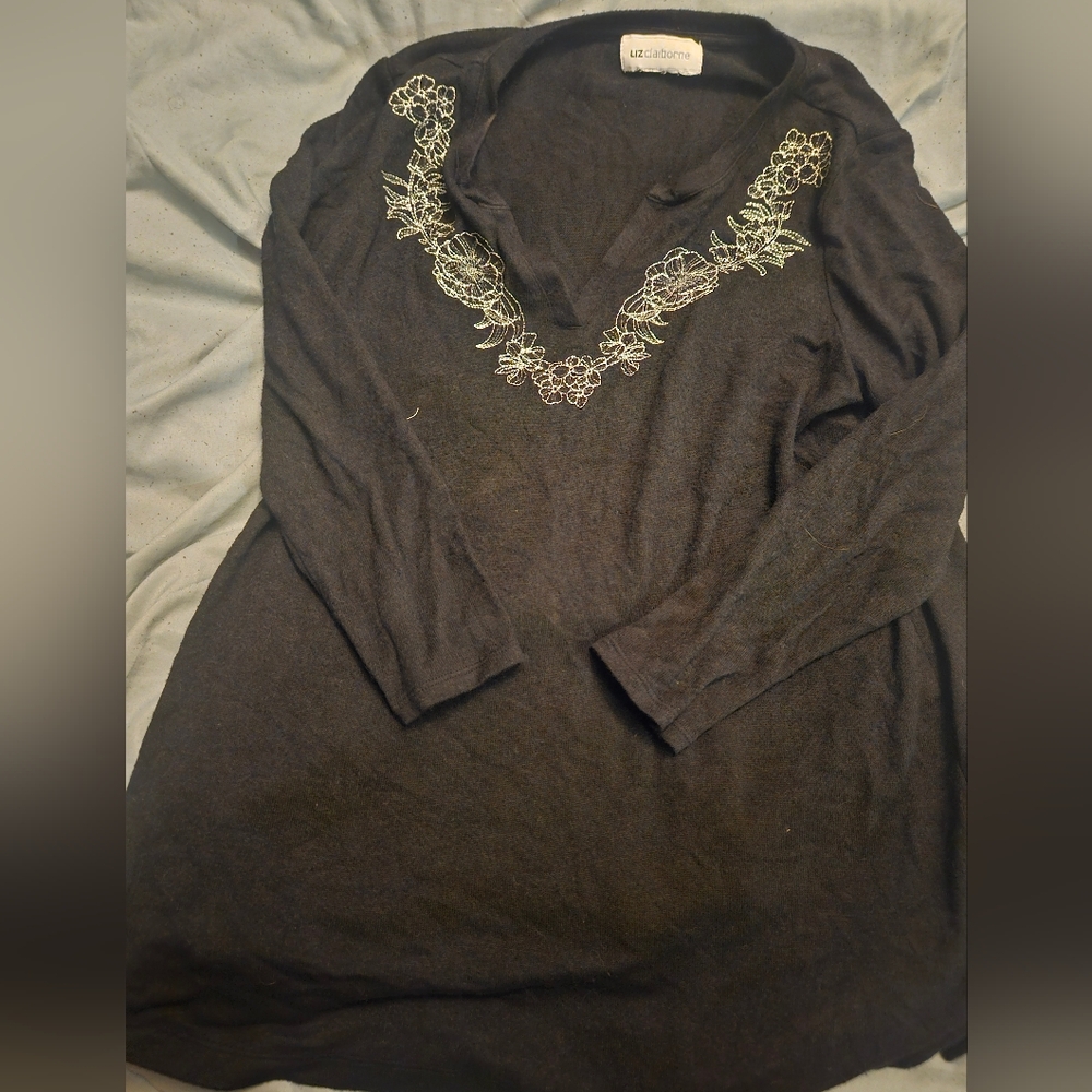 Liz Claiborne Black Long Sleeve Top with Floral Embroidery